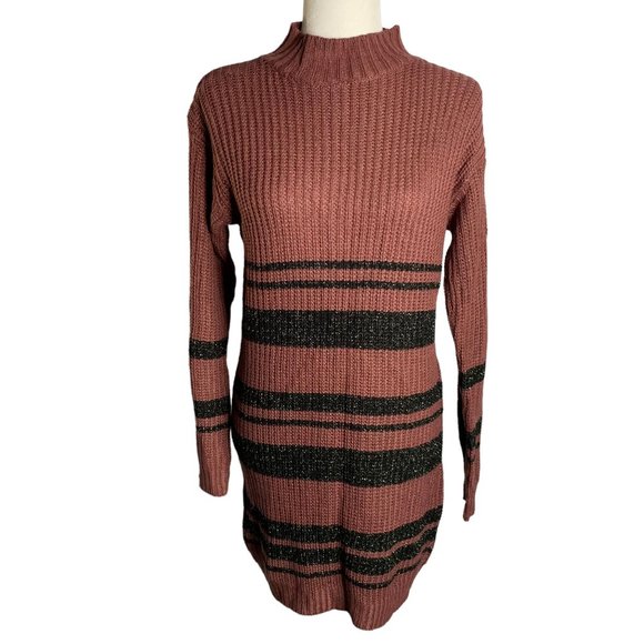 Love Change Mock Neck Sweater Dress M Maroon Knit Long Sleeve Metallic Stripe - Picture 1 of 6